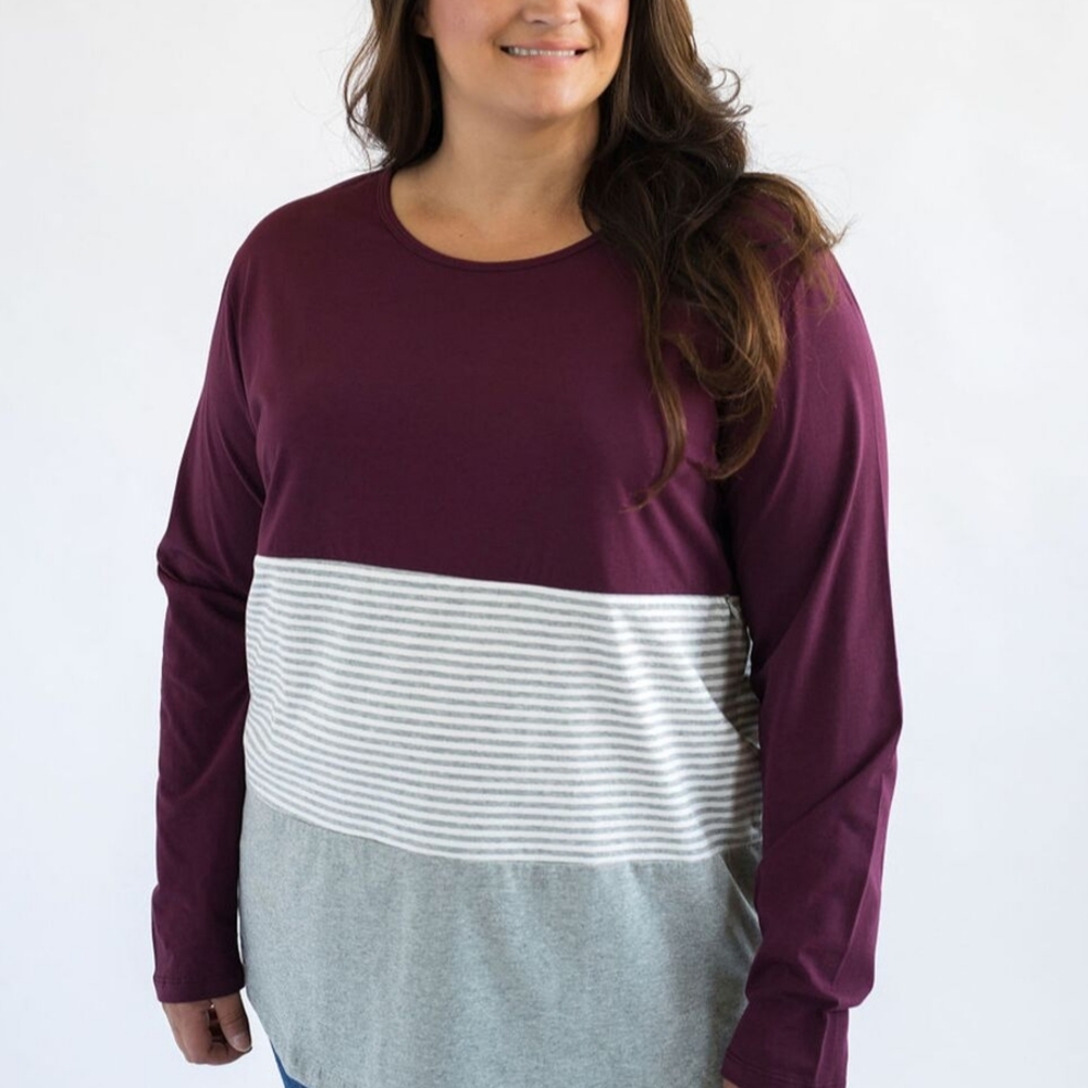 Long Sleeve Cotton Nursing Top- 3 Block- Wine